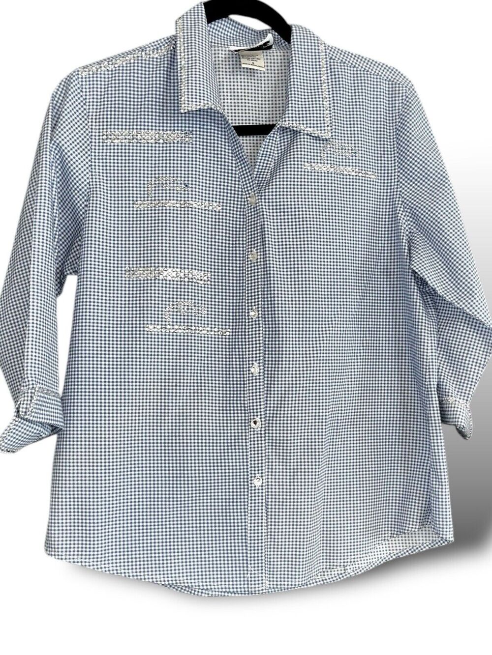 LANIE NEW YORK Navy Blue Gingham Bling Dolphin Design Blouse Size Small
